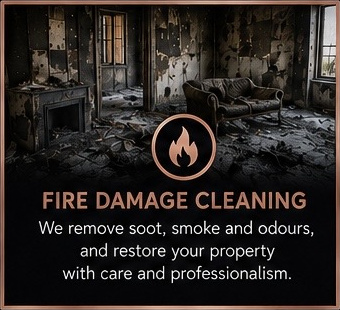 Fire damage, soot and smoke residue being professionally cleaned