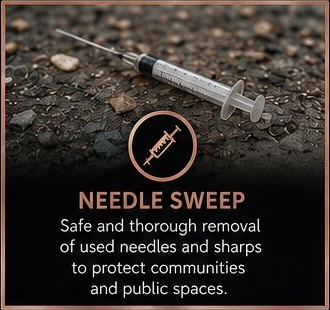Professional needle sweep and sharps removal equipment